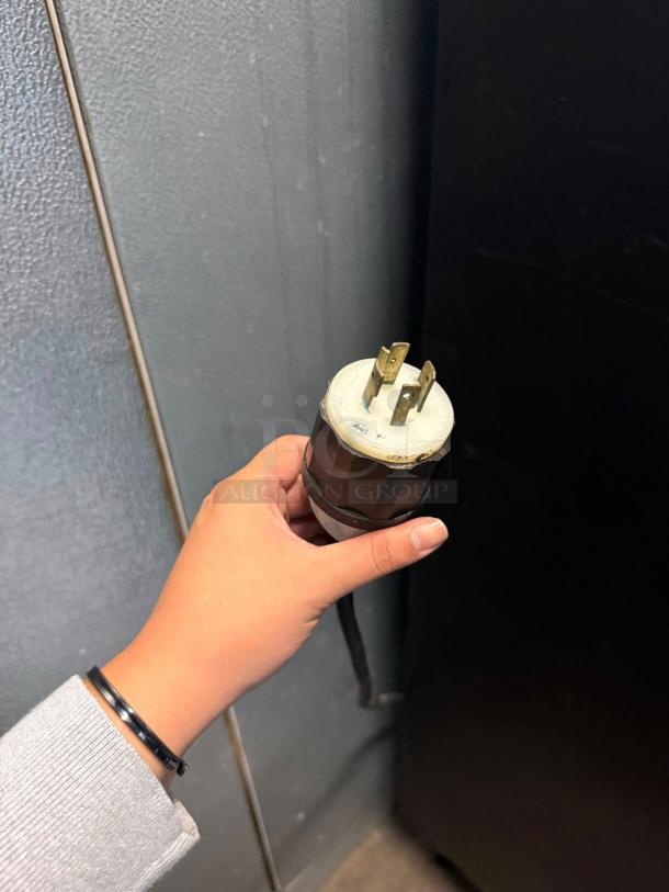 Close-up of power plug for True GDM-49F-LD glass freezer. Three-prong industrial plug shown, indicating 115/208-230V compatibility.