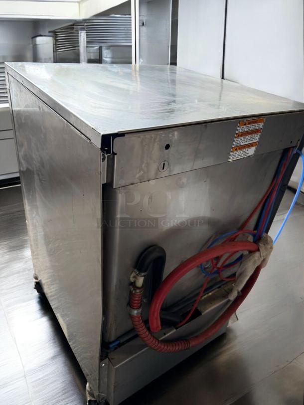 Hobart LXPH undercounter dishwasher, stainless steel, pristine condition, 208-240V, visible warning label, fully tested.