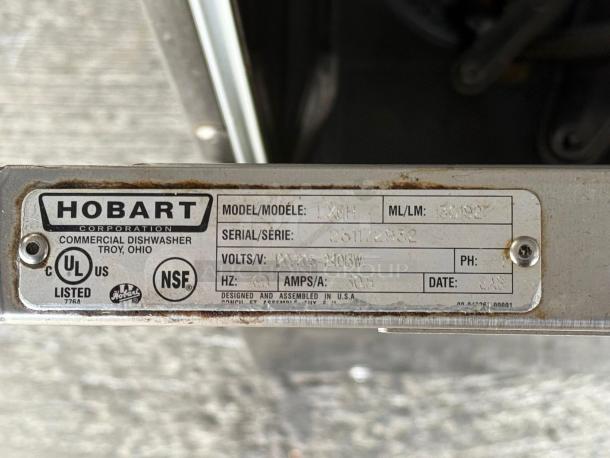 Hobart LXPH commercial undercounter dishwasher label, showing model, serial number, and power details; pristine condition.