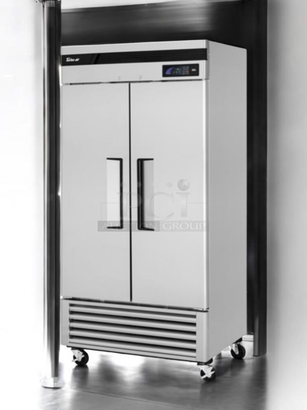 True T-49-HC double door refrigerator, superb condition, metal exterior, digital control panel, on casters, 115V.