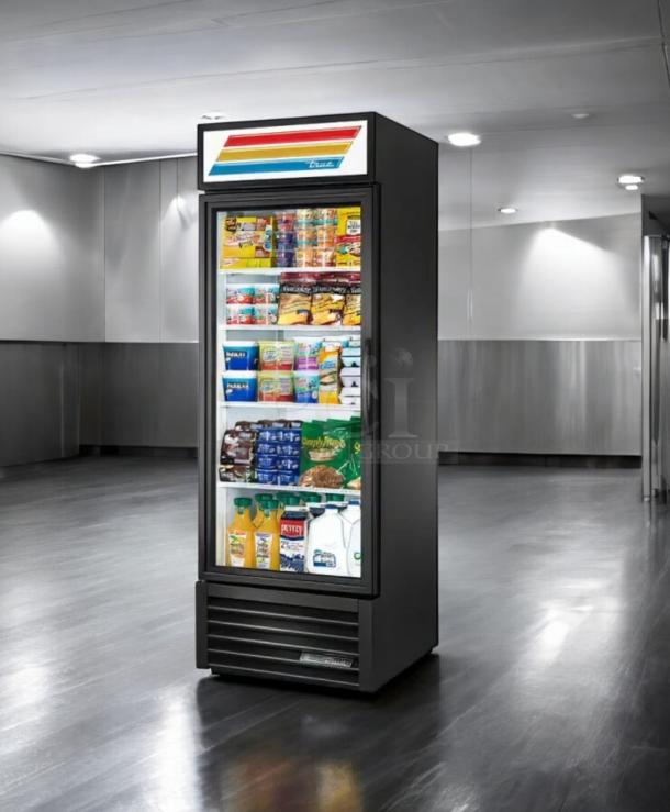 Immaculate True GDM-23-HC-LD fridge, single glass door, 115V, fully tested, branded signage, stocked interior, excellent condition.