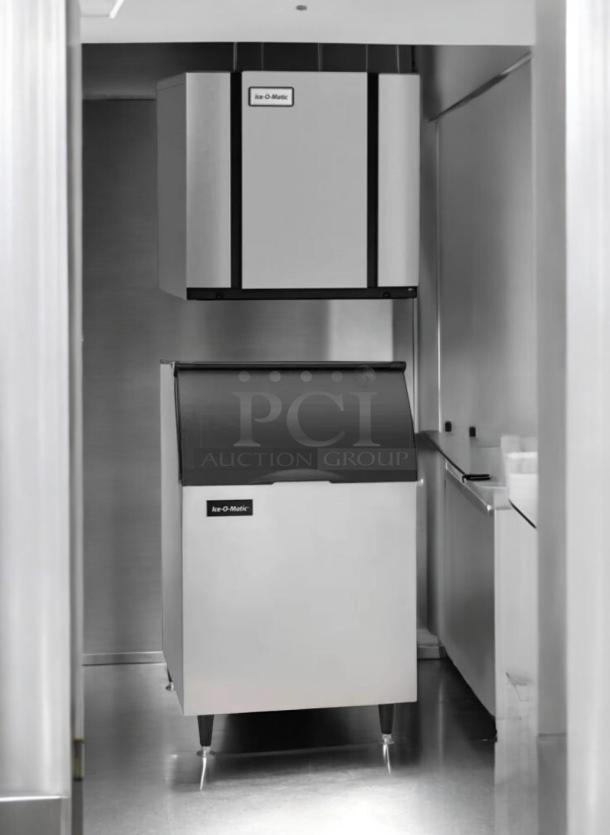 Ice-O-Matic CIM1136HA5 commercial ice maker with storage bin, superb condition, silver finish, 208-230V, fully tested.