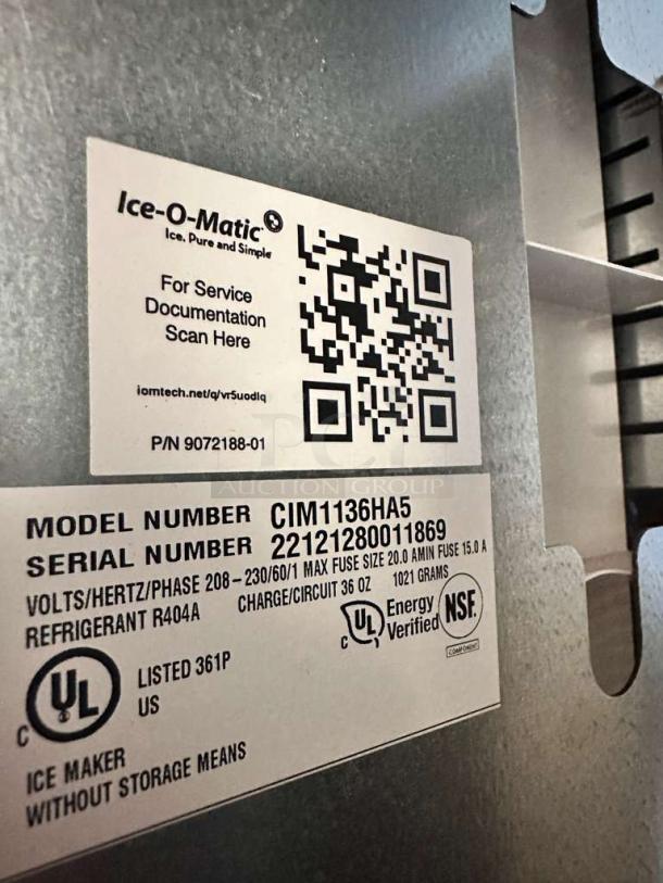 Ice-O-Matic CIM1136HA5 commercial ice maker label, showing model, serial number, voltage, refrigerant, and certifications.