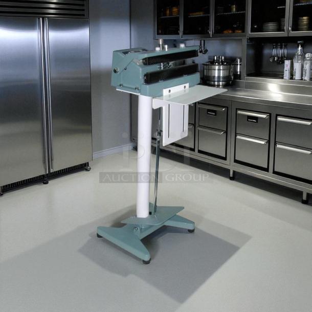 AIE ME-400CFN Constant Heat Sealer, 420W, 115V, excellent condition, fully tested, green body on a stand, in a modern kitchen.