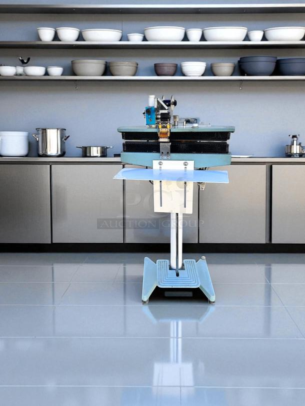 AIE ME-400CFN constant heat sealer, excellent condition, 420W, 115V, fully tested, shown in a modern kitchen setting.