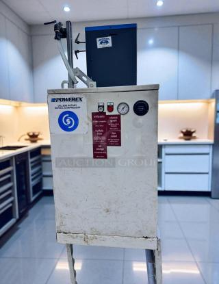 Powerex SF030824BP air compressor with HPR5-10 dryer, 13-gal tank, excellent condition. Features pressure gauge, labels present.