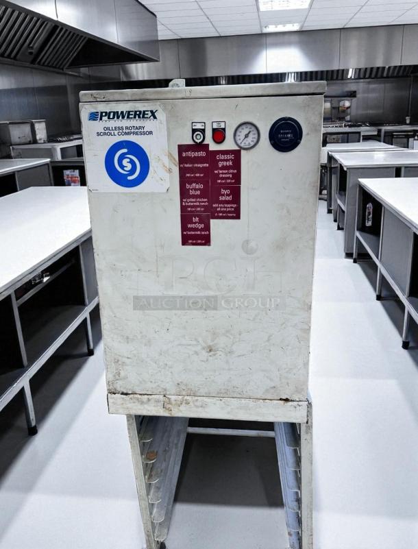 Powerex SF030824BP air compressor with HPR5-10 dryer, 13-gal tank, excellent condition, fully tested, visible labels and gauges.