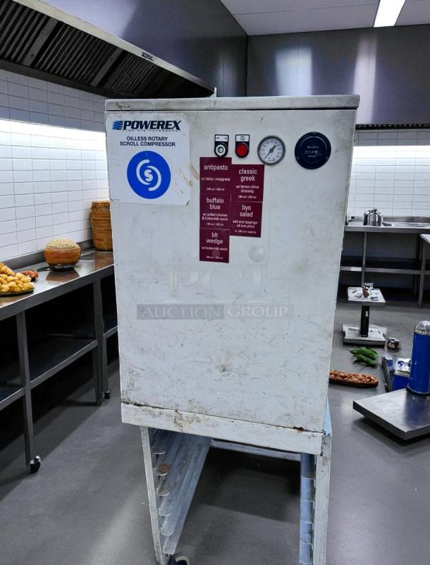 Powerex SF030824BP air compressor with HPR5-10 dryer. 13-gal tank, excellent condition, tested, fully working, visible gauges.