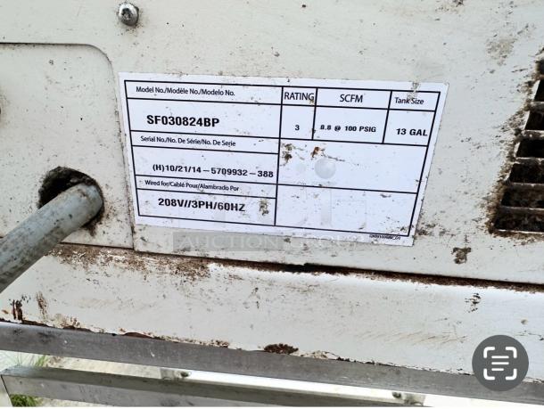 Powerex SF030824BP air compressor label showing model, serial number, rating, SCFM, and tank size. 208V/3PH/60HZ.