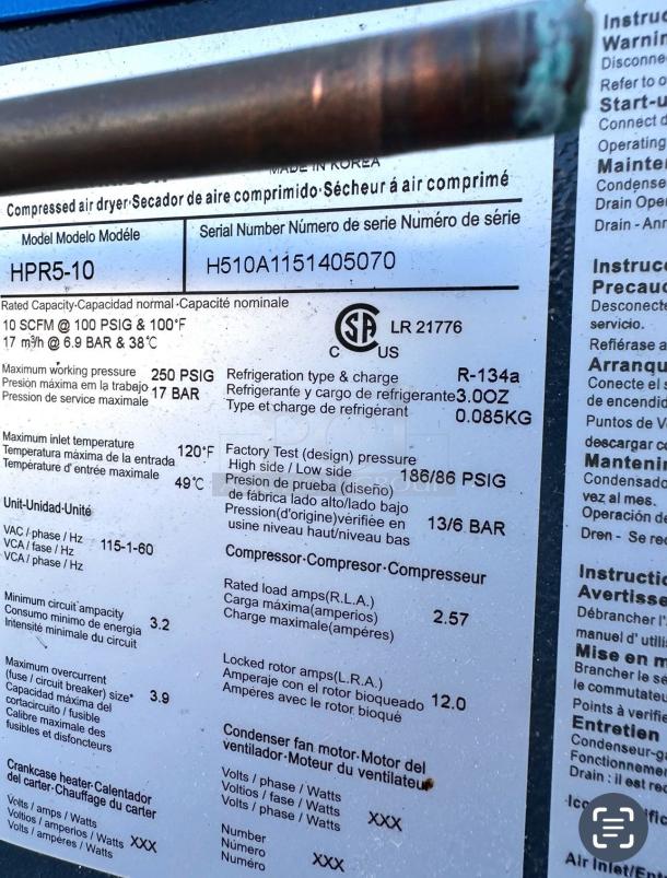 Powerex SF030824BP air compressor in excellent condition with HPR5-10 dryer, 13-gallon tank, fully tested and working.