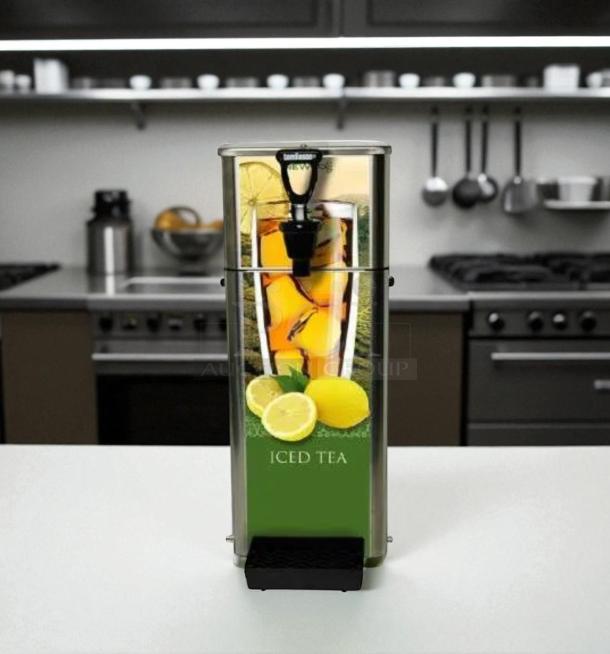 Newco FPM-1 countertop lemonade dispenser in excellent condition, NSF listed, fully tested, featuring iced tea graphic.