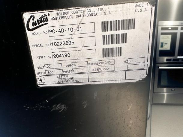 Wilbur Curtis PC-4D-10-01 cappuccino machine label, 4-flavor, 120V, excellent condition, tested and working.