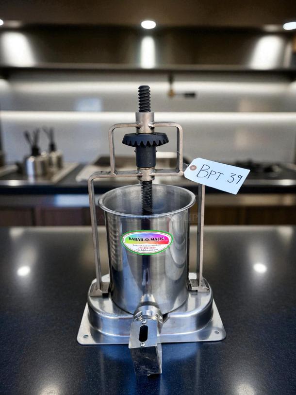 Kabab-O-Matic Manual Vertical Kebab Press, stainless steel, immaculate condition, tested working, model with visible label.