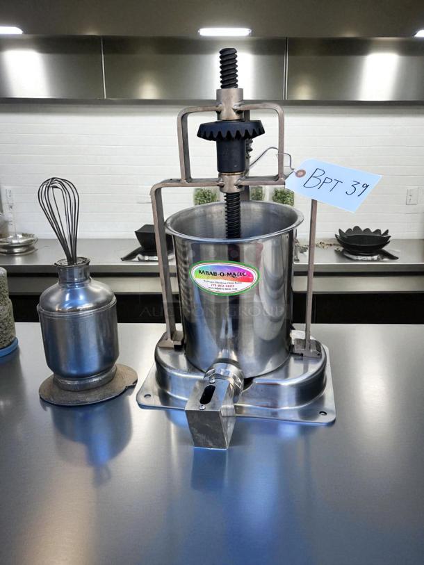 Immaculate Kabab-O-Matic Manual Vertical Kebab Press in heavy-duty stainless steel. Fully tested & working with label visible.