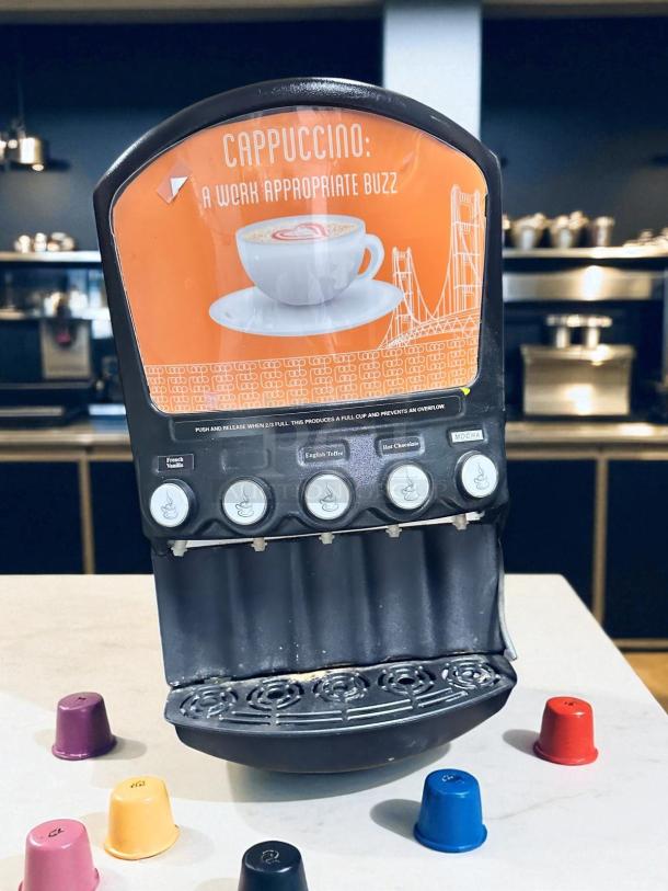 Grindmaster PIC5 cappuccino dispenser, 5-flavor, superb condition, 120V, fully tested; visible label: "Cappuccino: A Work Appropriate Buzz."