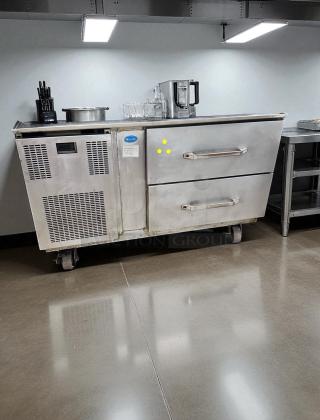 Delfield Chef Base 2-Drawer Refrigerator, outstanding condition, 115V, stainless steel, tested and working, on casters.