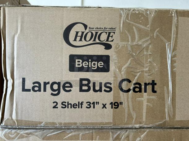 Brand new Choice Beige utility cart with 2 shelves, 42" x 20", in original packaging. Box labeled "Choice Large Bus Cart, 2 Shelf 31" x 19"."