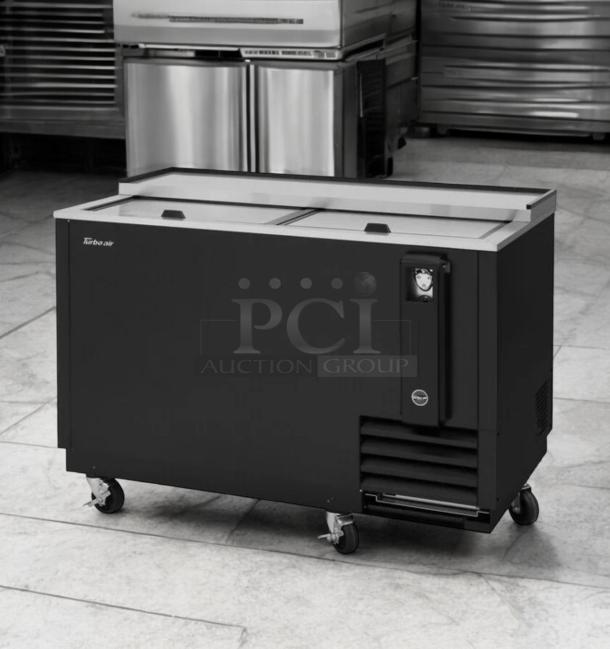 Turbo Air TBC-50SB-N6 bottle cooler, 50" wide, excellent condition. Features include durable black finish, mobility wheels, and front vent.