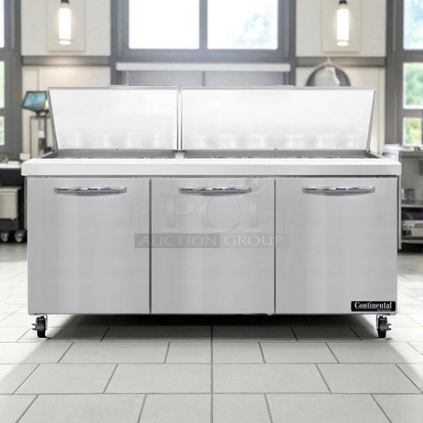 Continental SW72-30M 72" sandwich prep table, three-door, stainless steel, excellent condition, fully tested, 115V.