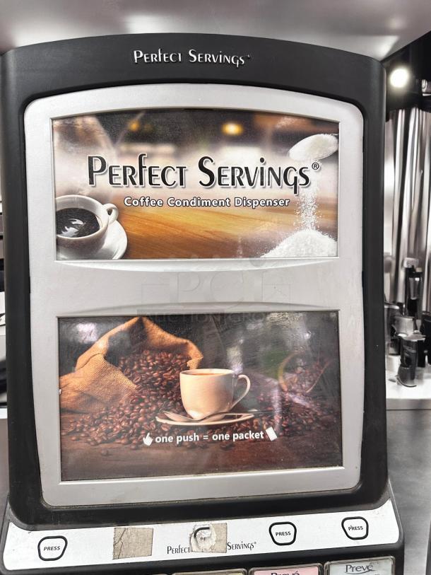 Perfect Servings coffee condiment dispenser featuring coffee imagery and instructions.