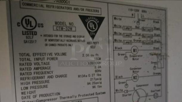 Label showing UL and energy specifications for Fortune Resources Enterprises cooler, model C1TM-52W, 115V, 180W power.