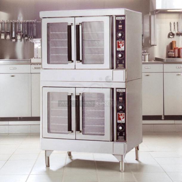 WOLF WKGD-2 double deck gas convection oven in excellent condition; includes control panels and clear viewing windows.