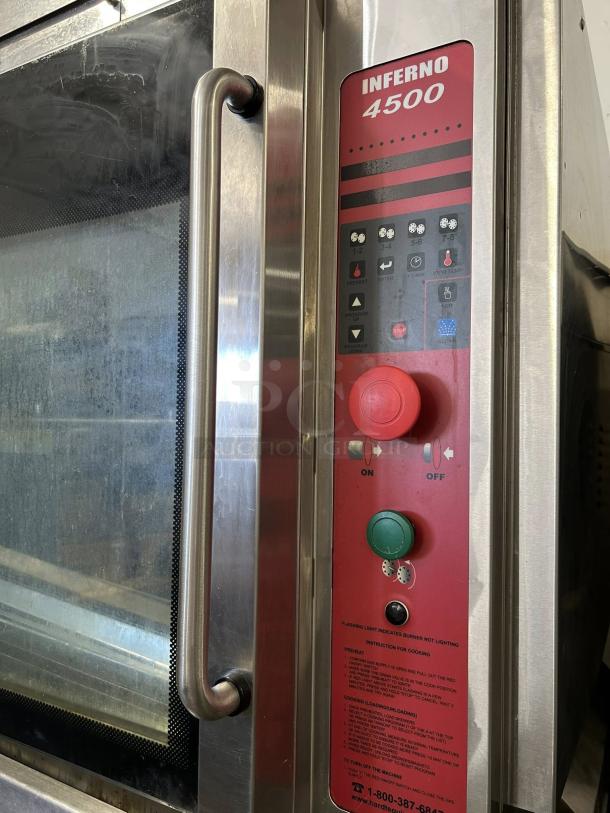 Hardt Inferno 4500 double-stacked gas rotisserie oven in excellent condition with control panel and glass door. Fully tested.