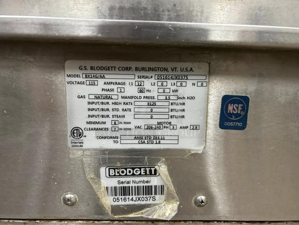 Blodgett BX-14G-NAT Natural Gas Combi Oven label showing model, serial number 051614JX037S, NSF certified, ANSI conformance.