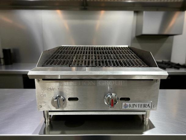Kintera KCBR24 24" gas charbroiler with 2 burners, stainless steel, tested and working, front control knobs, clean condition.