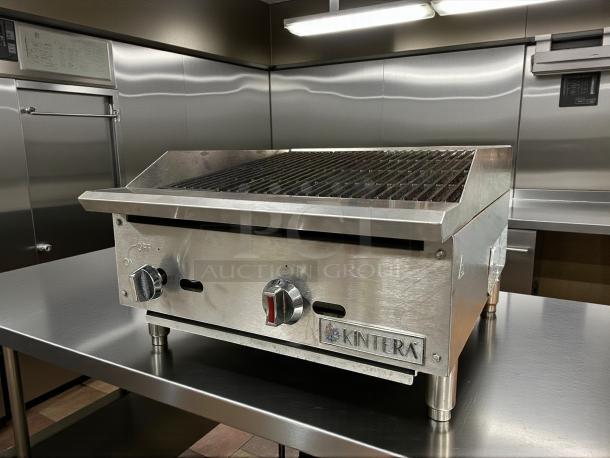 Kintera KCBR24 24" gas countertop charbroiler with 2 burners, stainless steel, tested and working, branded front plate.