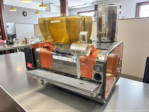 Thermoplan Mastrena II espresso machine, commercial-grade, orange casing, external pump, 220V/3PH, fully tested, excellent condition.