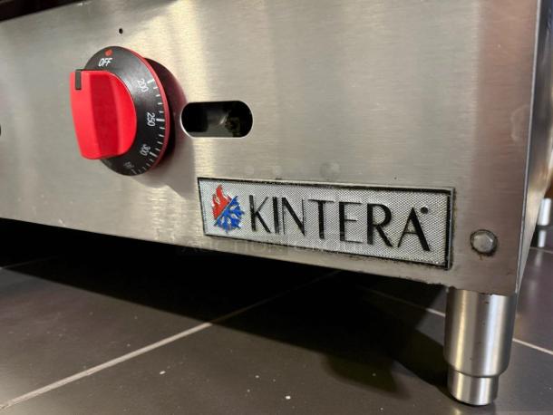 Kintera KGR36T countertop griddle in great condition, featuring natural gas with 3 burners. Visible brand logo and temperature dial.