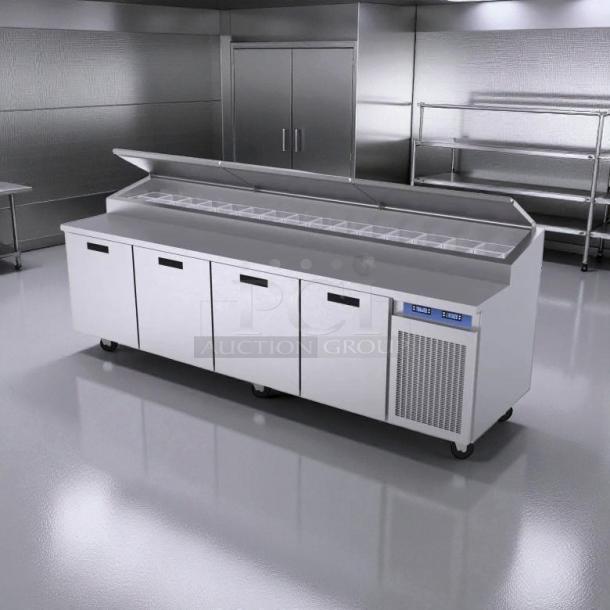 Randell 84111N-290 110" pizza prep table with refrigerated base, four doors, tested and working, stainless steel design.