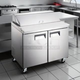 Falcon AST-36 sandwich prep table, stainless steel, 36", tested, two doors, excellent condition, on caster wheels.