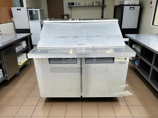 Falcon AST-36 Sandwich Prep Table, 36", stainless steel, good condition, tested working, visible Falcon logo, kitchen setting.