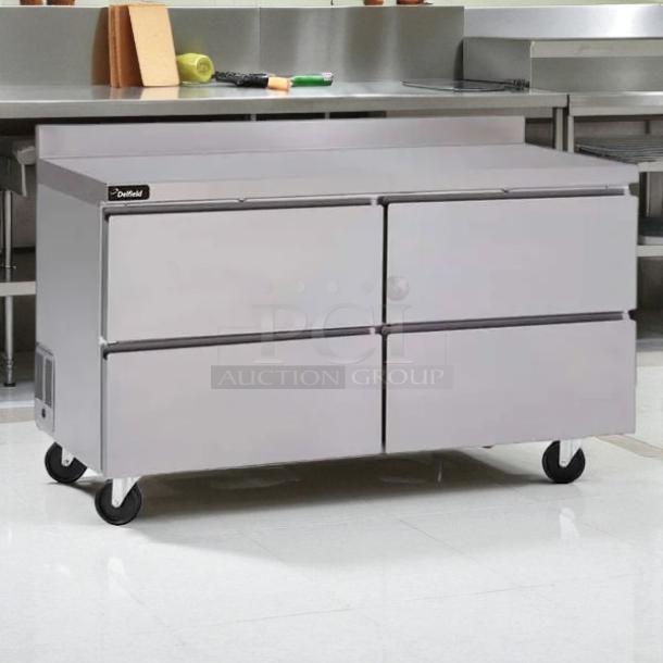 Delfield GUR60BP-D 4-drawer worktop refrigerator, excellent condition, 60"W, 11.7 cu. ft., tested, on casters.