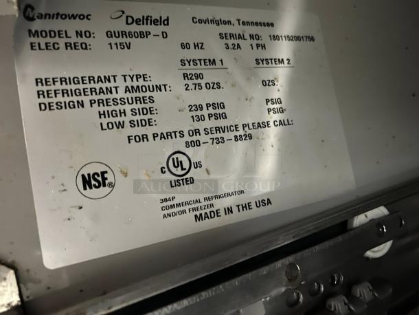 Label on Delfield GUR60BP-D Refrigerator, detailing model, electric requirements, refrigerant type, design pressures, and certification logos.