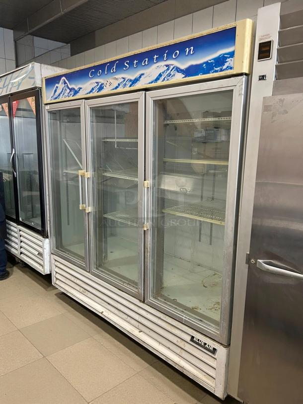 Blue Air BKGM72-HC 82" glass door freezer merchandiser, white, excellent condition, tested, "Cold Station" label visible.