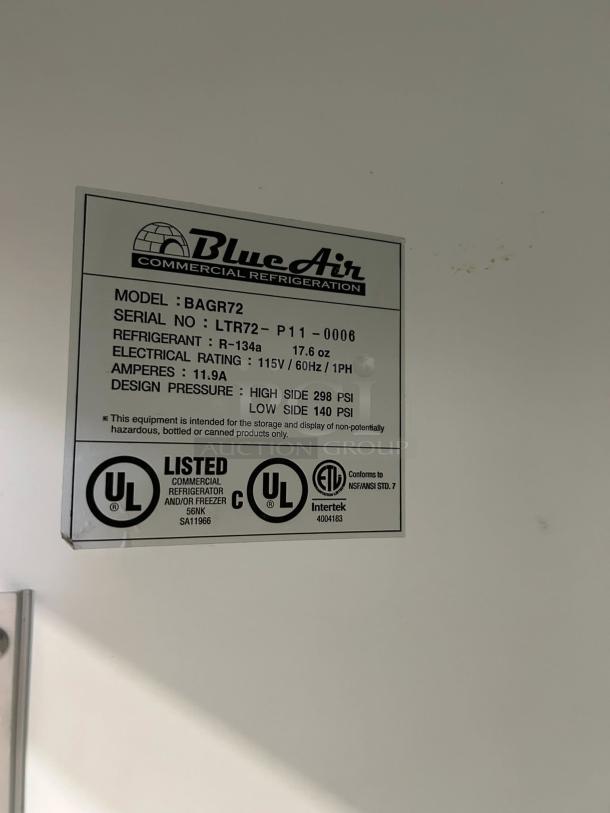 Blue Air BKGF72-HC freezer label showing model details, refrigerant type R-134a, electrical rating 115V, and safety certifications.
