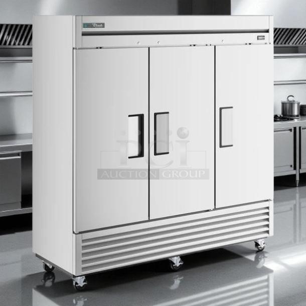 True T-72-HC reach-in refrigerator, 78 1/8" solid doors, great condition, tested and working, on casters.