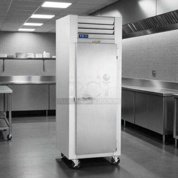 Traulsen G10010 30" single solid door refrigerator, stainless steel, right-hinged, tested working, commercial kitchen setting.