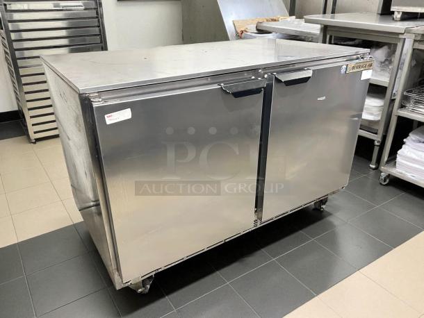 Beverage-Air UCR48A 48" undercounter refrigerator, stainless steel, great condition, fully tested, 115V, dual doors, label visible.