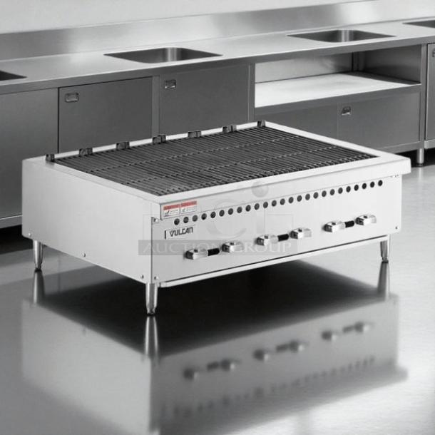 Vulcan VCRB36-1 natural gas 36" charbroiler, low profile, tested and working, stainless steel, control knobs, manufacturer label.