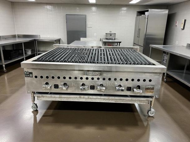 Vulcan VCRB36-1 Natural Gas 36" Low Profile Charbroiler, tested and working, with control knobs and caster wheels.