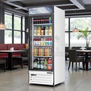 Everest Refrigeration EMGR24, 28-inch reach-in fridge with glass door, tested and working, filled with assorted drinks.