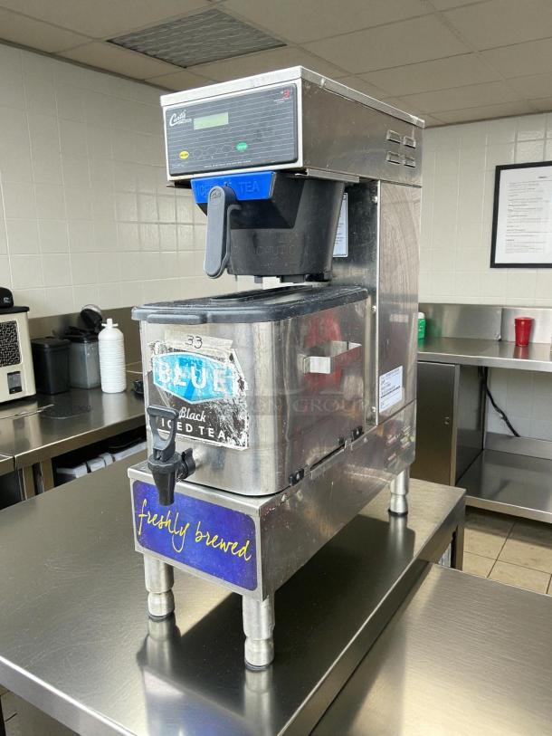 Curtis TBP 3 gal Low Profile Brewer in excellent condition, digital programming, 120v, tested, stainless steel, freshly brewed label.