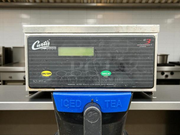 Curtis TBP 3-gal Low Profile Brewer, digital programming, 120v, excellent condition, tested and working, on/off and brew buttons.
