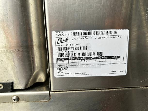 Curtis TBP 3 gal Low Profile Brewer, excellent condition, digital programming, 120v, tested and working, visible label details.