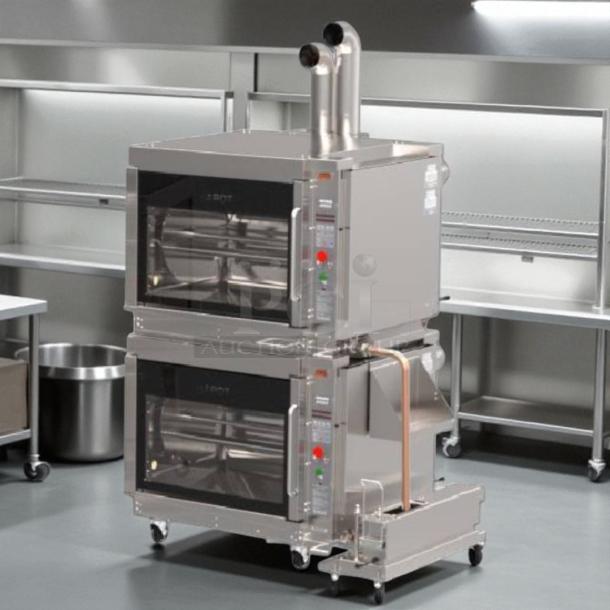 Hardt 4500 Inferno double stack natural gas rotisserie oven, tested and working, with stainless steel finish, ventilation pipes, and control panels.