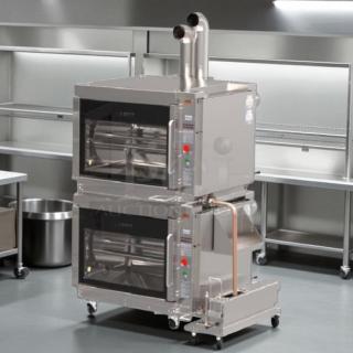 Hardt 4500 Inferno double stack natural gas rotisserie oven, tested and working, with stainless steel finish, ventilation pipes, and control panels.